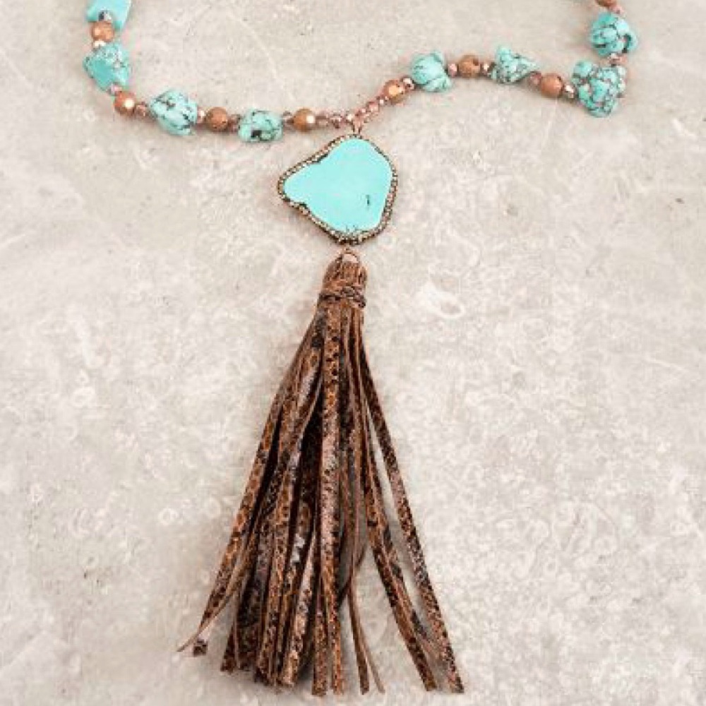 Long Snakeskin Tassel Necklace w/ Turquoise Stone
